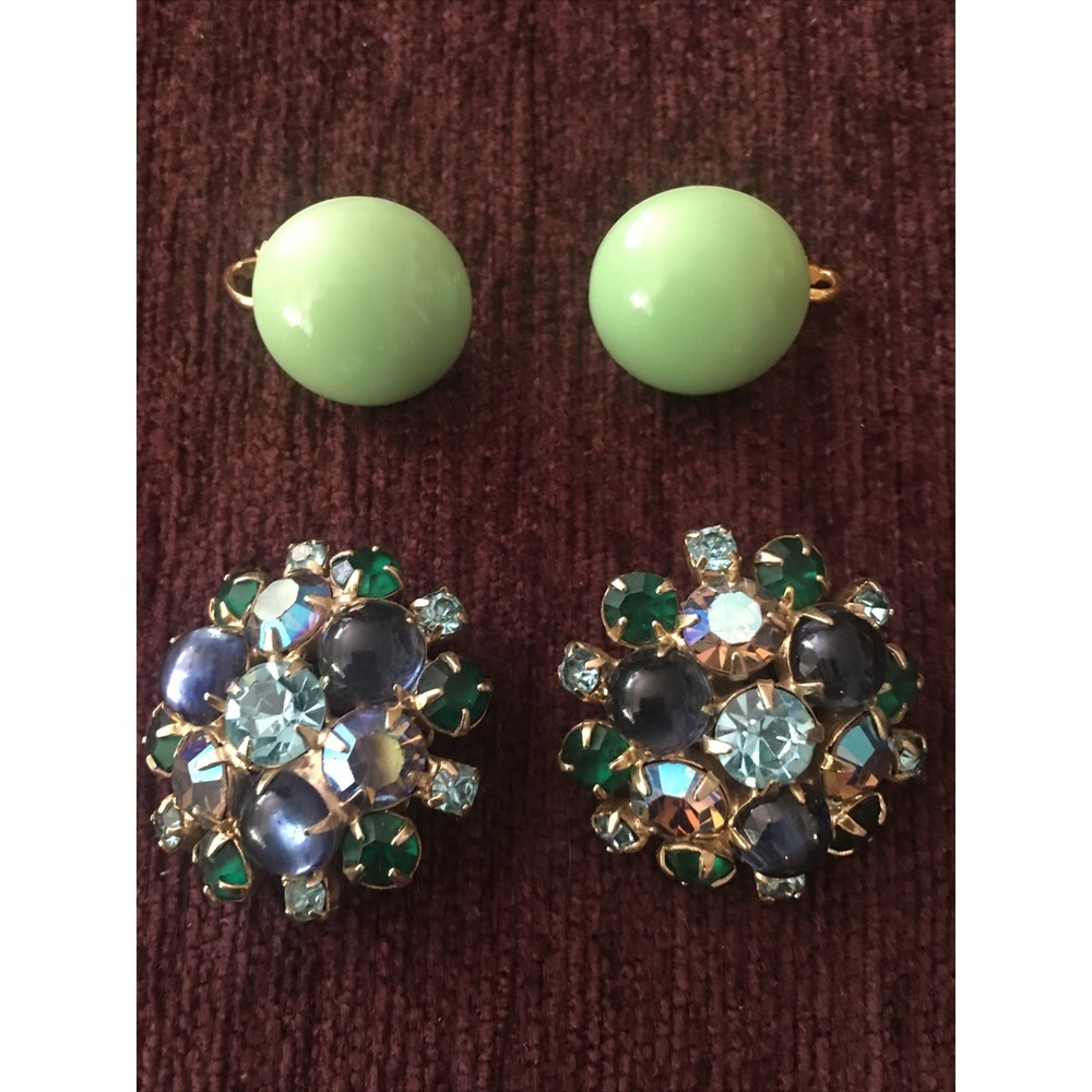 2 Vintage 1960s Coro Green Lucite button earrings and rhinestone earrings clip